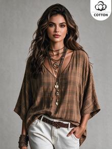 Ceyna Cotton Plus Size Vintage Boho Plaid V-Neck Shirt, Retro Fine Check Pattern, Loose Fit, Mid-Sleeve, Casual Style, Travel Vacation Brown Fall - Coffee Brown - View 1