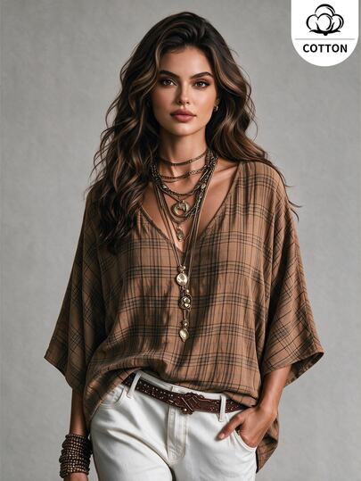 Ceyna Cotton Plus Size Vintage Boho Plaid V-Neck Shirt, Retro Fine Check Pattern, Loose Fit, Mid-Sleeve, Casual Style, Travel Vacation Brown Fall
