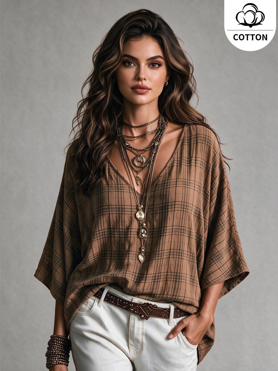 Ceyna Cotton Plus Size Vintage Boho Plaid V-Neck Shirt, Retro Fine Check Pattern, Loose Fit, Mid-Sleeve, Casual Style, Travel Vacation Brown Fall - Coffee Brown - View 1