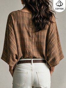 Ceyna Cotton Plus Size Vintage Boho Plaid V-Neck Shirt, Retro Fine Check Pattern, Loose Fit, Mid-Sleeve, Casual Style, Travel Vacation Brown Fall - Coffee Brown - View 2