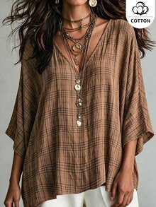 Ceyna Cotton Plus Size Vintage Boho Plaid V-Neck Shirt, Retro Fine Check Pattern, Loose Fit, Mid-Sleeve, Casual Style, Travel Vacation Brown Fall - Coffee Brown - View 3