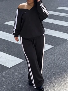 Muchica Plus Size Women's Colorblock Asymmetrical Shoulder Top And Pants Casual Daily 2 Pieces Set Winter - Black - View 5