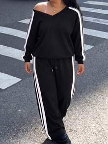 Muchica Plus Size Women's Colorblock Asymmetrical Shoulder Top And Pants Casual Daily 2 Pieces Set Winter - Black - View 4