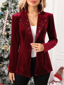 SHEIN Clasi 女款優雅鈕扣亮片拼接西裝外套 新年晚餐派對夜生活酒紅秋季 - 紅色 - 查看 3