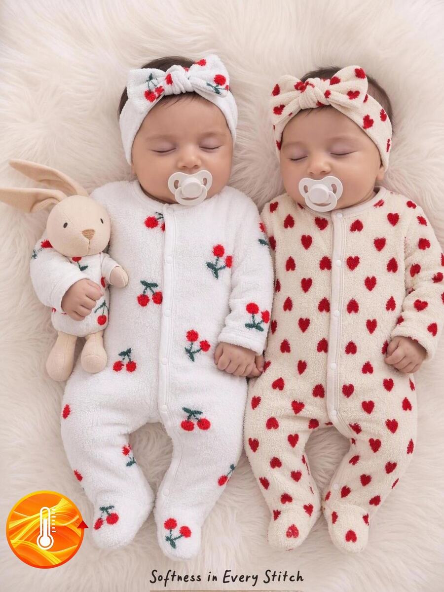 2 Packs Newborn Double-Sided Flannel Cartoon Lion Fun Pattern Long Sleeve Romper Footed Bodysuit Loungewear 2 Pieces Set Winter - Multicolor - View 1