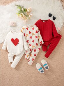 SHEIN 3 Sets Baby Casual Cute Modest Outfit Sets,Ribbed Texture,Heart Print Crewneck Long‑Sleeve Tops Matching Pants, Red Beige White And Red - Red - View 5