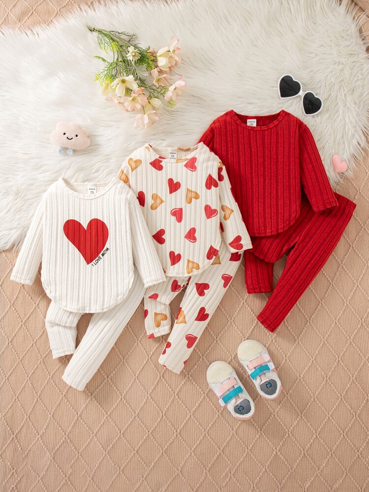 SHEIN 3 Sets Baby Casual Outfit Sets,Ribbed Texture,Heart Print Crewneck Long‑Sleeve Tops Matching Pants, Multi‑Color, For Daily Festival Photo,Fall Winter - Red - View 5