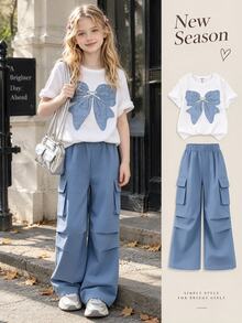 SHEIN ChillGRL 2pcs/Set Tween Girls Casual T-Shirt & Cargo Pants Set, Bow Embroidery Pattern Round Neck Short Sleeve T-Shirt And Trousers, Fashionable Outfit For Spring/Summer - Blue - View 4