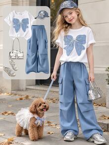 SHEIN ChillGRL 2pcs/Set Tween Girls Casual T-Shirt & Cargo Pants Set, Bow Embroidery Pattern Round Neck Short Sleeve T-Shirt And Trousers, Fashionable Outfit For Spring/Summer - Blue - View 2