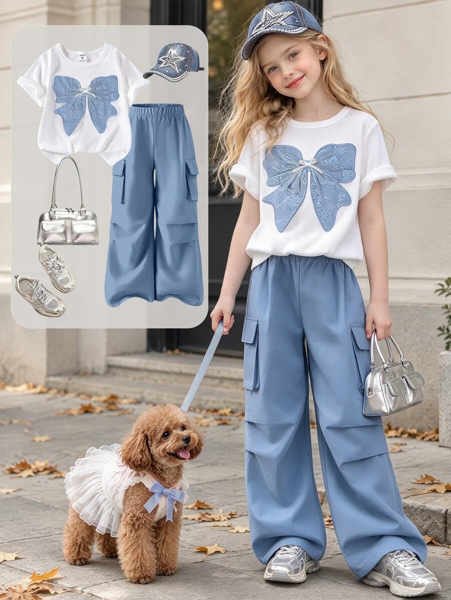 SHEIN ChillGRL 2pcs/Set Tween Girls Casual T-Shirt & Cargo Pants Set, Bow Embroidery Pattern Round Neck Short Sleeve T-Shirt And Trousers, Fashionable Outfit For Spring/Summer