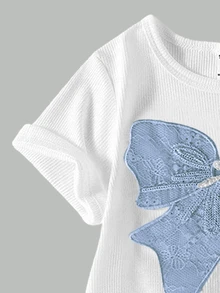 SHEIN ChillGRL 2pcs/Set Tween Girls Casual T-Shirt & Cargo Pants Set, Bow Embroidery Pattern Round Neck Short Sleeve T-Shirt And Trousers, Fashionable Outfit For Spring/Summer - Blue - View 6