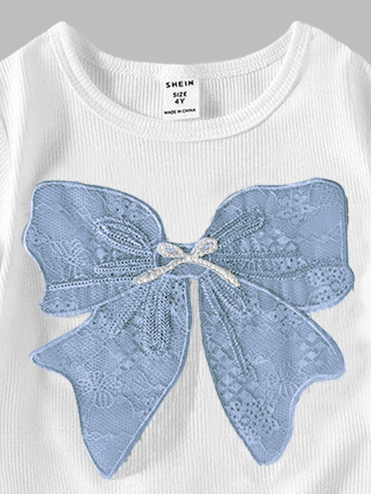 SHEIN ChillGRL 2pcs/Set Tween Girls Casual T-Shirt & Cargo Pants Set, Bow Embroidery Pattern Round Neck Short Sleeve T-Shirt And Trousers, Fashionable Outfit For Spring/Summer - Blue - View 6