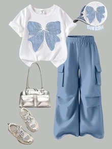 SHEIN ChillGRL 2pcs/Set Tween Girls Casual T-Shirt & Cargo Pants Set, Bow Embroidery Pattern Round Neck Short Sleeve T-Shirt And Trousers, Fashionable Outfit For Spring/Summer - Blue - View 5