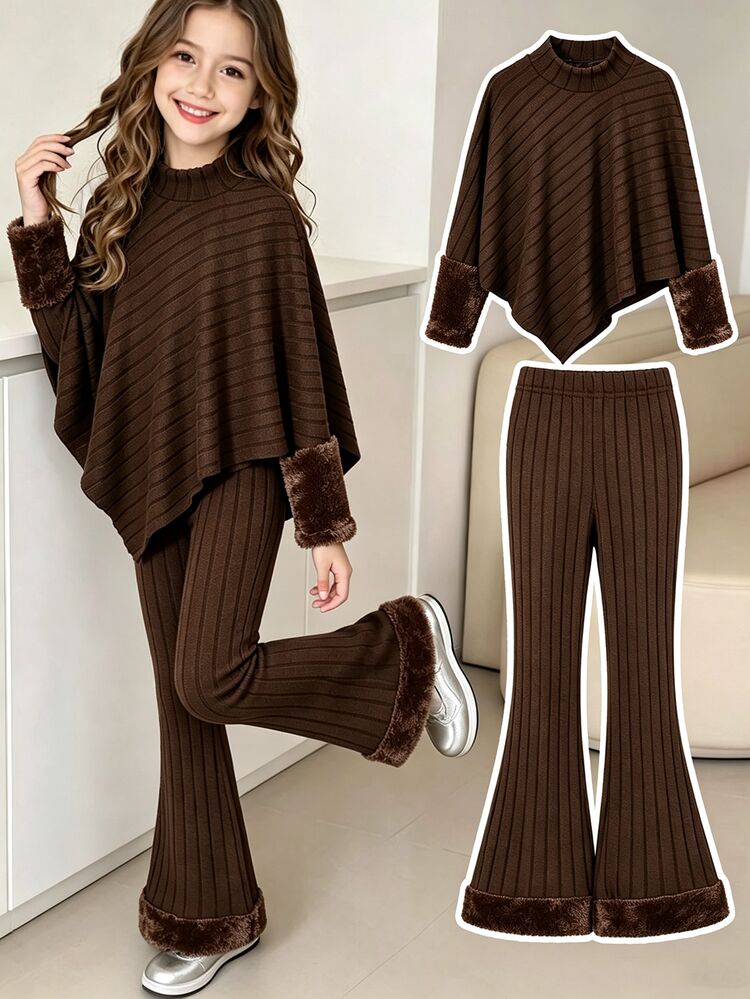 SHEIN Tween Girl) Spring/Autumn/Winter Casual T-Shirt Set, Designed Asymmetrical Pullover High Neck Knitted Ribbed Brushed Fabric Khaki Solid Color Long Sleeve T-Shirt Top Paired With Khaki Casual Flared Long Pants, 2 Pieces Set Suitable For Spring/Autumn/Winter Back To School Season, Elegant Lady Minimalist Commute High-End Outfit For Daily School, Outings, Vacations, And Parties - Brown - View 1