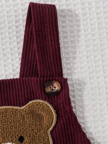 SHEIN جمبسوت للأطفال الأولاد من قماش الكوردروي المنسوج مع زر قابل للتعديل ورقعة دب ثلاثية الأبعاد بنقشة كاروهات وفيونكة - عنابي اللون - مشاهدة 9