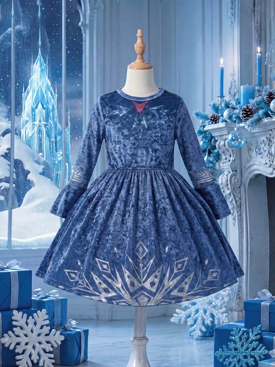 SHEIN Girls Outfit Set, 1pc Blue Round Neck Long Sleeve Waist-Cinching A-Line Flared Dress, Elegant Lady Style Suitable For Daily Wear, Commuting And Party - Blue - View 1