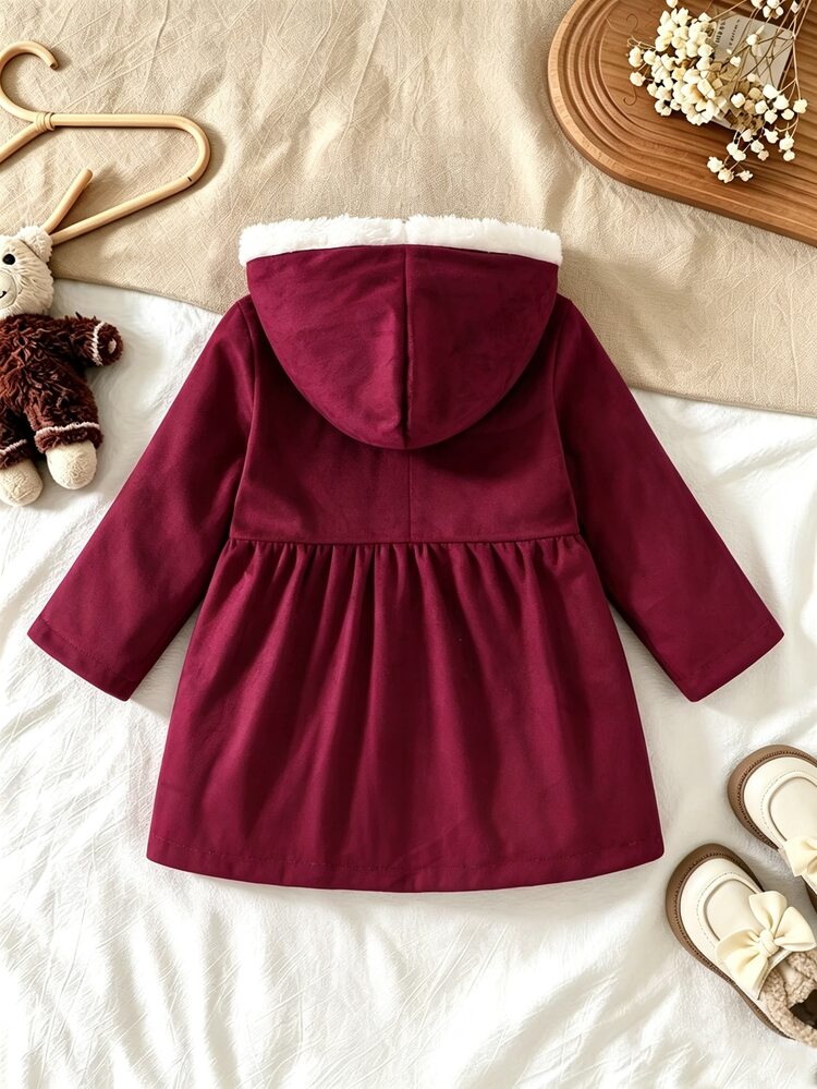 SHEIN Girls' Thick Fleece-Lined Burgundy Hooded Jacket With Design Button, Suede Plush Lining, Pockets, White Woven Tape, Christmas, Autumn/Winter Red Top - Burgundy - View 2