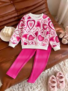 2pcs/Set Girls Casual Baby Heart Print Long Sleeve Top And White Pants Outfit Fall Back-To-School School 7th Birthday Kindergarten Gifts - Hot Pink - View 4
