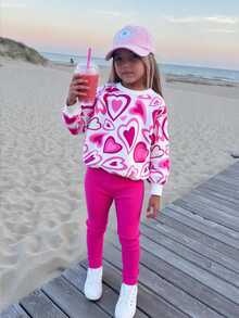 2pcs/Set Girls Casual Baby Heart Print Long Sleeve Top And White Pants Outfit Fall Back-To-School School 7th Birthday Kindergarten Gifts - Hot Pink - View 2