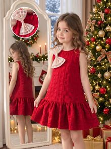 SHEIN Elladie kids Young Girl Summer Sleeveless A-Line Dress, Contrast Color Big Bow, Textured Ruffle Hem, Round Neck, Fairy Red Princess Dress, 7th Birthday Christmas - Red - View 1