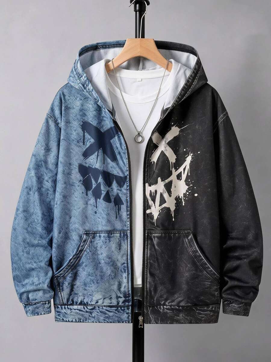 Teen Boy Graffiti Smile Face Graphic Denim Effect Hooded Zip Up Sweatshirt, Half Colorblock Autumn Winter, Fall Halloween Holiday Party Black Baggy - Multicolor - View 1