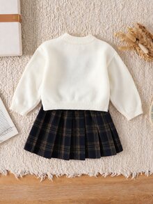 SHEIN Baby Girl Bow Pattern Long Sleeve Sweater And Plaid Pleated Skirt Knit Set Winter - Multicolor - View 2