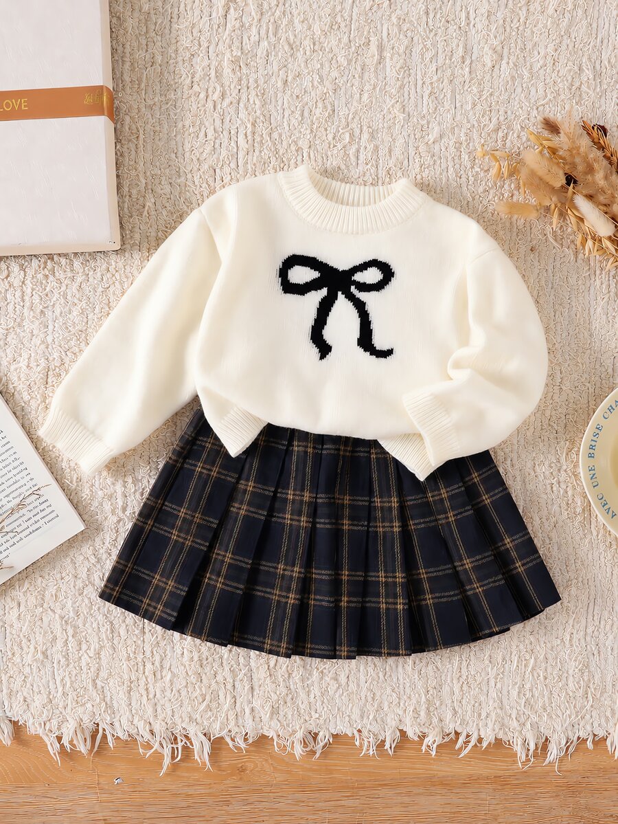 SHEIN Baby Girl Bow Pattern Long Sleeve Sweater And Plaid Pleated Skirt Knit Set Winter - Multicolor - View 1
