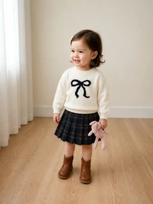 SHEIN Baby Girl Bow Pattern Long Sleeve Sweater And Plaid Pleated Skirt Knit Set Winter - Multicolor - View 5