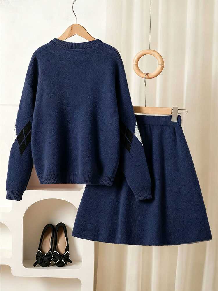 Conjunto de 2 piezas de suéter para niña preadolescente, todos los tonos de marrón, otoño, años 80, vacaciones, vuelta al colegio, jersey de cuello redondo y minifalda, vestido de punto marrón de otoño para niña preadolescente - Azul Marino - Añade 2