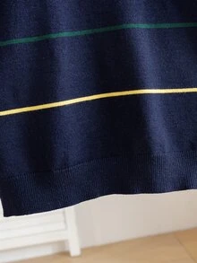 SHEIN 4-7歲男孩米色彩虹橫條紋圓領針織毛衣，小童學院風帆船提花針織套頭衫，春秋季兒童內搭外穿上衣 - 藏蓝色 - 查看 5