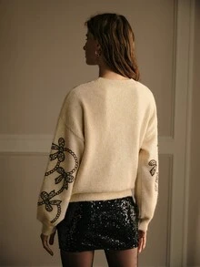 MOTF PREMIUM WOMEN'S BOW PATTERN CASUAL DAILY LONG SLEEVE SWEATER - Apricot - View 3