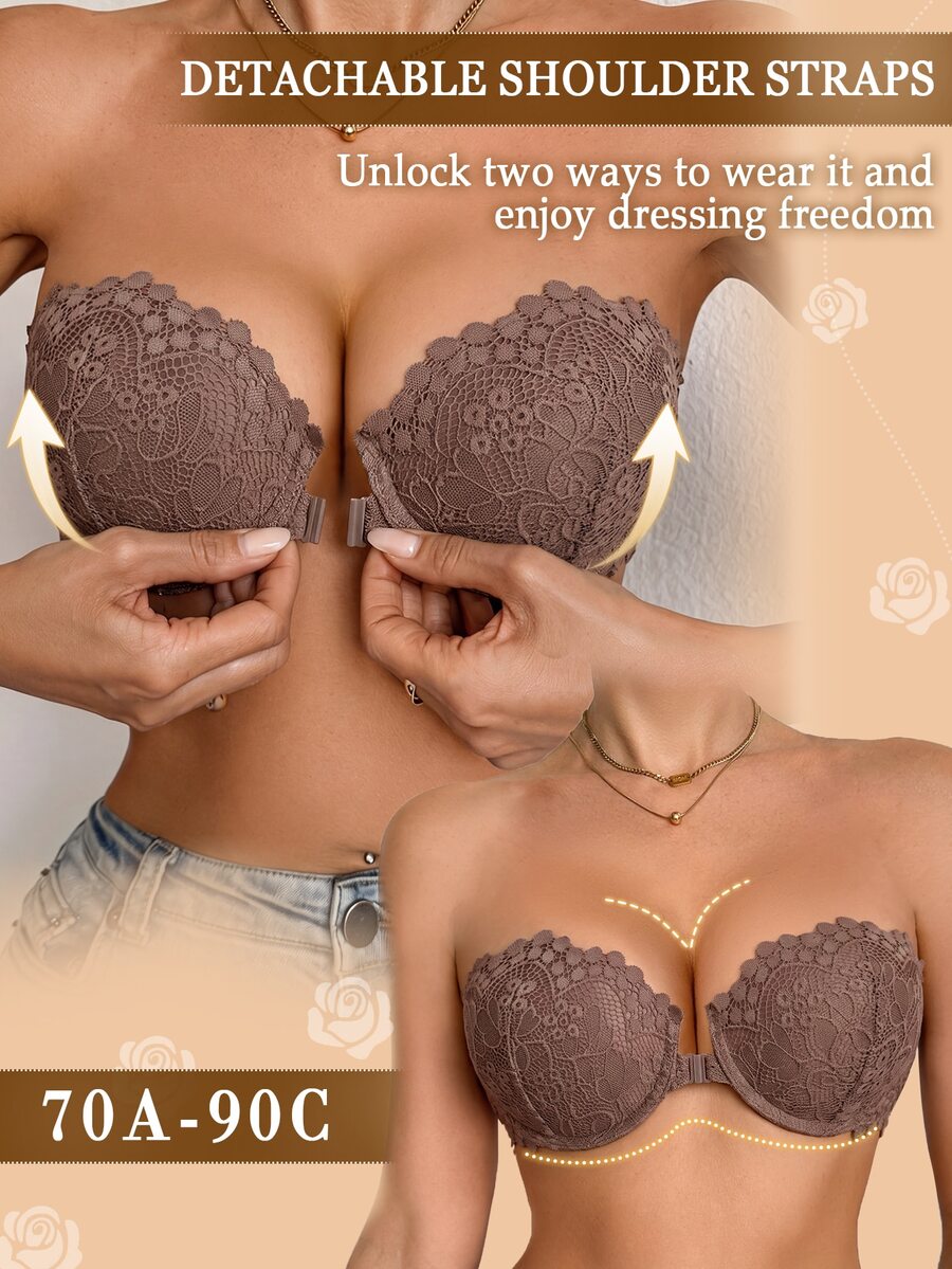 DesireSculpt Strapless Non-Slip Underwire Push-Up Bra, Front Closure, Suitable For Small Bust, Comes With Invisible Shoulder Straps, Versatile Wearing - Mocha Brown - View 1