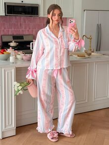 Slumberry CURVE Plus Size Women Sweet INS Style Striped Bow Plaid Print Contrast Color Lapel Long Sleeve Pants Pajama Set - Multicolor - View 3