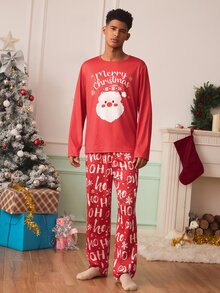 Chillnights Herrarnas loungewear-set i stickat material med läpptryck, kontrastfärgat tryck och långa ärmar - Rött och Vitt - Visa 2