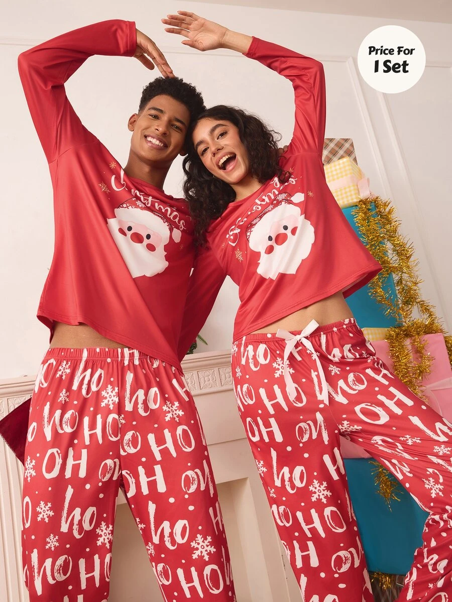 Chillnights Herrarnas loungewear-set i stickat material med läpptryck, kontrastfärgat tryck och långa ärmar - Rött och Vitt - Visa 1