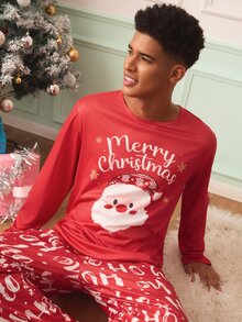 Chillnights Herrarnas loungewear-set i stickat material med läpptryck, kontrastfärgat tryck och långa ärmar - Rött och Vitt - Visa 5