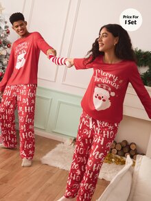 Chillnights Herrarnas loungewear-set i stickat material med läpptryck, kontrastfärgat tryck och långa ärmar - Rött och Vitt - Visa 6