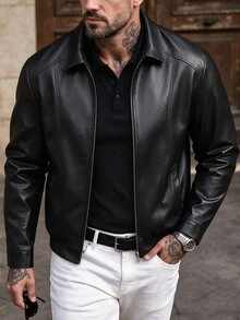 Manfinity CasualCool 男士機車皮夾克，抓絨內裡，冬季新款外出派對黑色休閒街頭風 - 黑色 - 查看 3