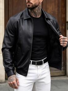 Manfinity CasualCool 男士機車皮夾克，抓絨內裡，冬季新款外出派對黑色休閒街頭風 - 黑色 - 查看 5
