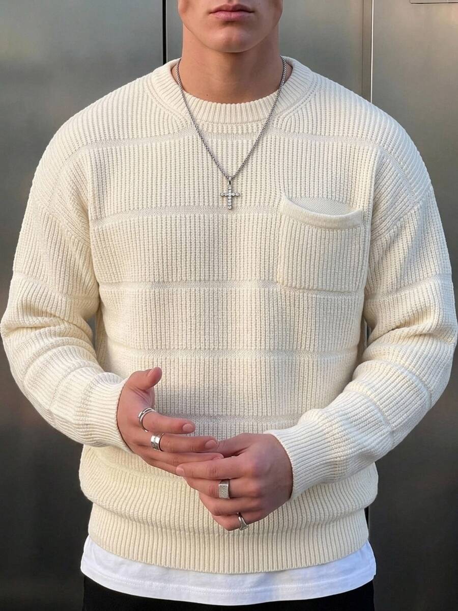 Manfinity CasualKnits 男士圓領高級極簡百搭毛衣,學院風休閒秋季毛衣上衣,適合日常穿著與休閒場合 - 米色 - 查看 1