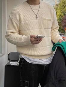 Manfinity CasualKnits 男士圓領高級極簡百搭毛衣，學院風休閒秋季毛衣上衣，適合日常穿著與休閒場合 - 米色 - 查看 2