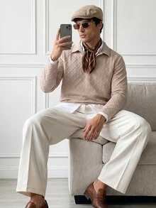 HUEFORM Camisa polo de manga larga con patrón geométrico de rombos en tela metálica color albaricoque estilo Old Money para hombre, adecuada para el uso diario y ocasiones de negocios - Albaricoque - Ver 3