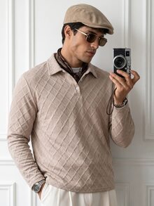 HUEFORM Camisa polo de manga larga con patrón geométrico de rombos en tela metálica color albaricoque estilo Old Money para hombre, adecuada para el uso diario y ocasiones de negocios - Albaricoque - Ver 4
