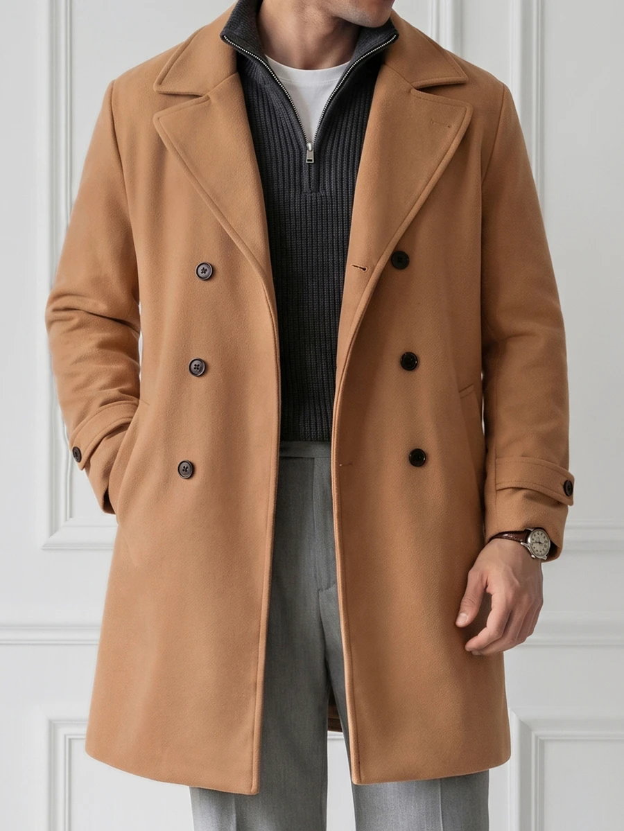 HUEFORM Men's Old Money Classic Double-Breasted Overcoat, Structured Loose Straight Fit, Wide Notch Lapel Design, Business Commute Casual British Style Wool - Khaki - View 1