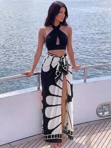 SHEIN Swim 大尺碼女款 2 件式花卉印花掛脖性感海灘度假比基尼套裝 - 彩色 - 查看 1