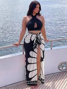 SHEIN Swim 大尺碼女款 2 件式花卉印花掛脖性感海灘度假比基尼套裝 - 彩色 - 查看 2