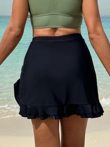 SHEIN Swim 女性純色雙層荷邊游泳裙,帶束帶 - 黑色 - 查看 5