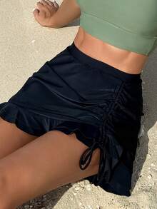 SHEIN Swim 女性純色雙層荷邊游泳裙,帶束帶 - 黑色 - 查看 8