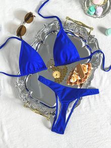 Swim Vcay Women's Summer Beach Solid Color Halter Tie Sexy Bikini Swimwear Set - Royal Blue - View 4