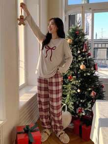 DAZY Bow Print Drop Shoulder Tee & Plaid Tapered Pants Pajama Set Fall - Khaki - View 6